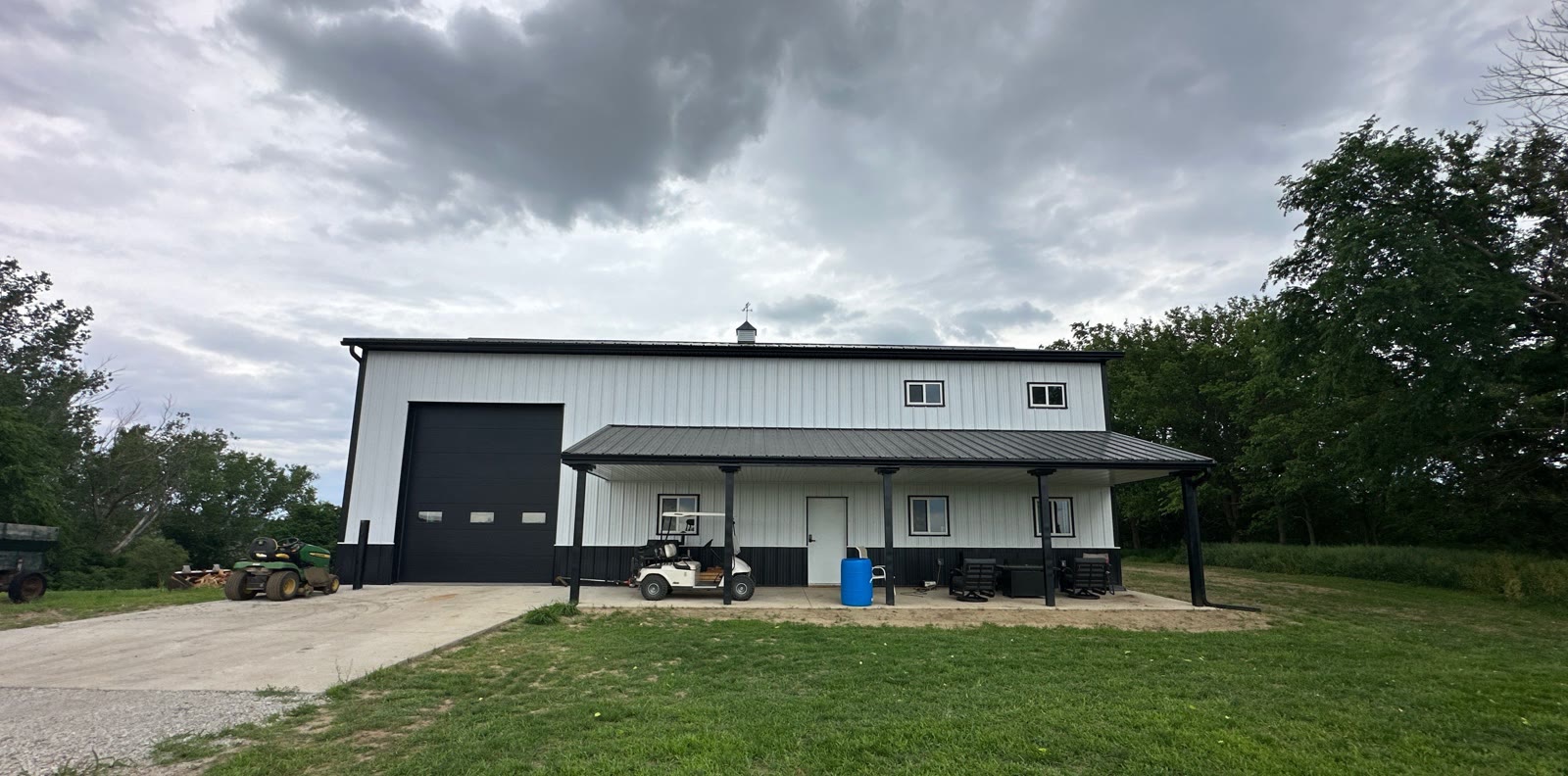 Metal shop building with a covered porch